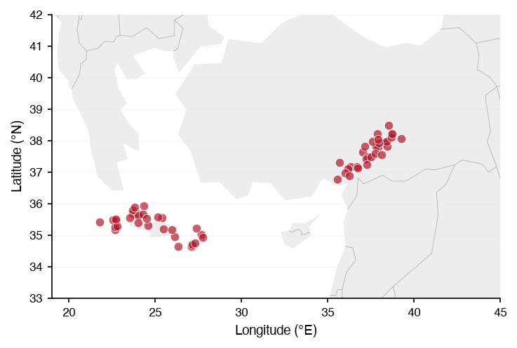 Epicentres over the land and borders of the Aegean and Anatolia
