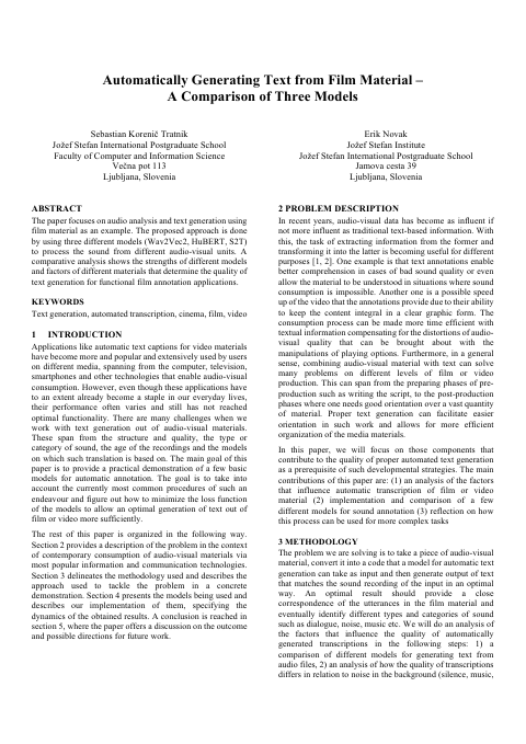 First page of “Automatically Generating Text from Film Material - A Comparison of Three Models”