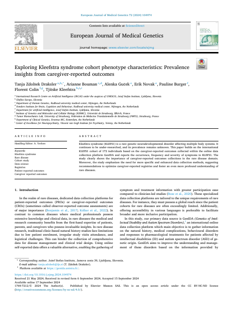 First page of “Exploring Kleefstra Syndrome Cohort Phenotype Characteristics: Prevalence Insights from Caregiver-Reported Outcomes”