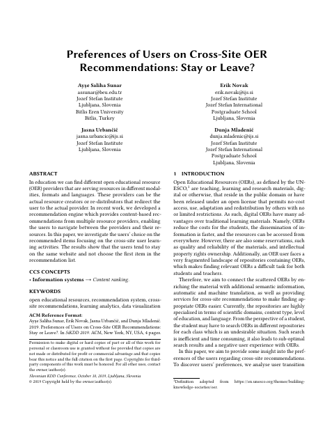 First page of “Preferences of Users on Cross-Site OER Recommendations: Stay or Leave?”