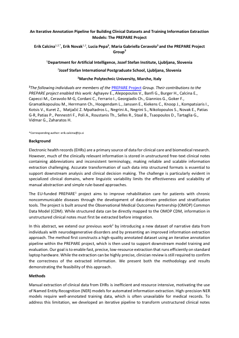 First page of “An Iterative Annotation Pipeline for Building Clinical Datasets and Training Information Extraction Models: The PREPARE Project”