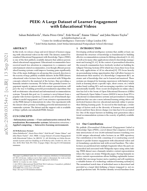 First page of “PEEK: A Large Dataset of Learner Engagement with Educational Videos”