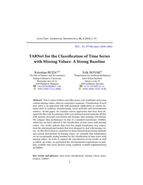 First page of “TARNet for the Classification of Time Series with Missing Values: A Strong Baseline”